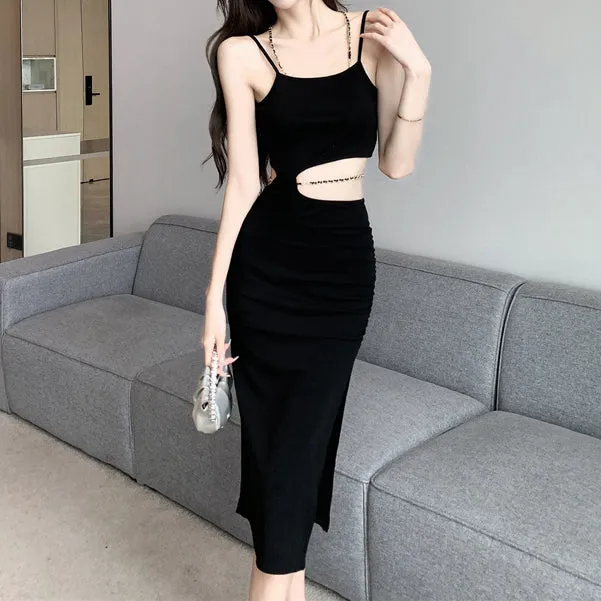 Halter Neck Hollow Chain Slit Slip Dress