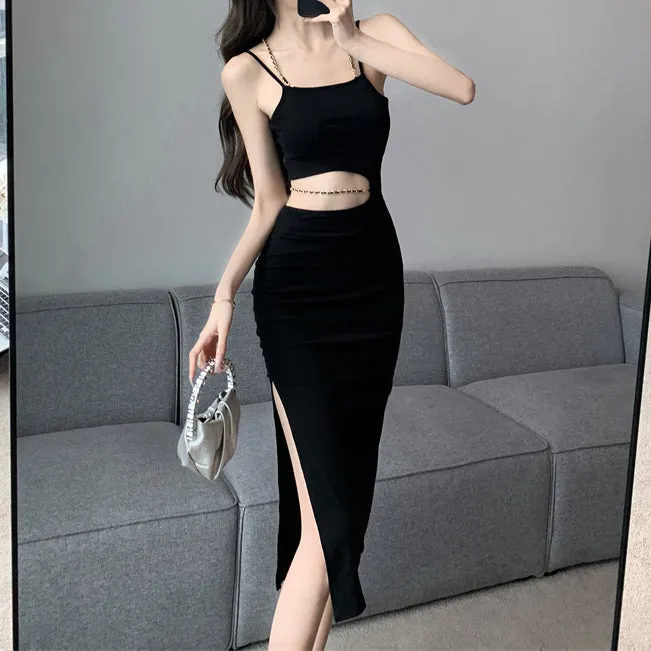 Halter Neck Hollow Chain Slit Slip Dress