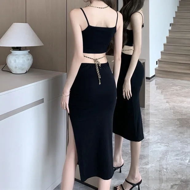 Halter Neck Hollow Chain Slit Slip Dress