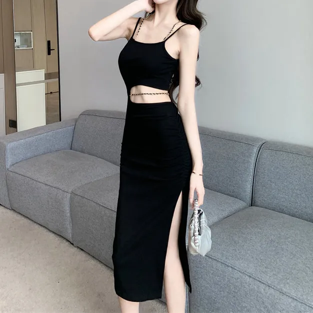 Halter Neck Hollow Chain Slit Slip Dress