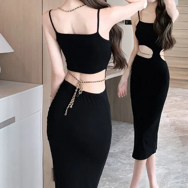 Halter Neck Hollow Chain Slit Slip Dress