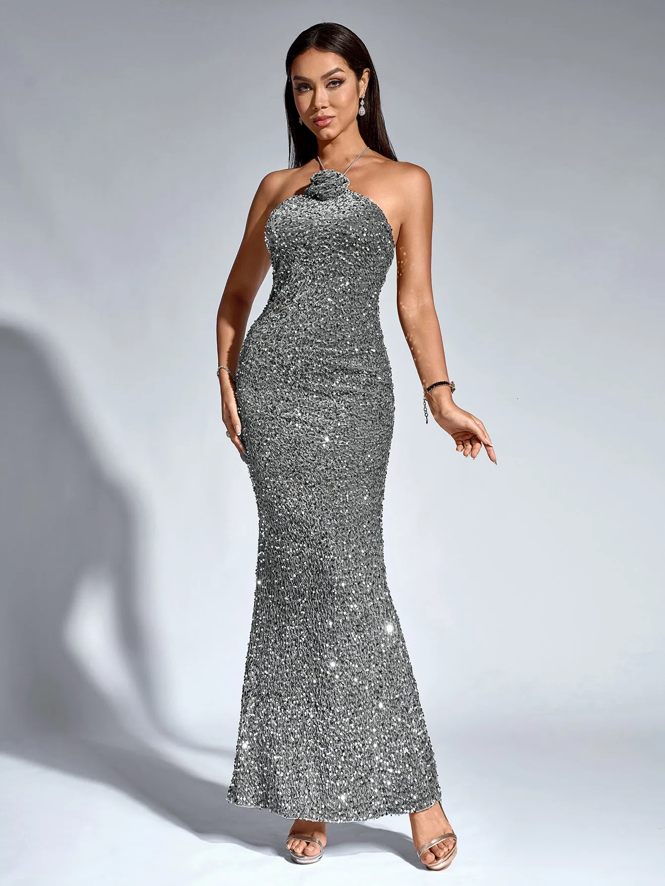 Halter Stereo Flower Sequin Mermaid Dress