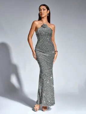 Halter Stereo Flower Sequin Mermaid Dress