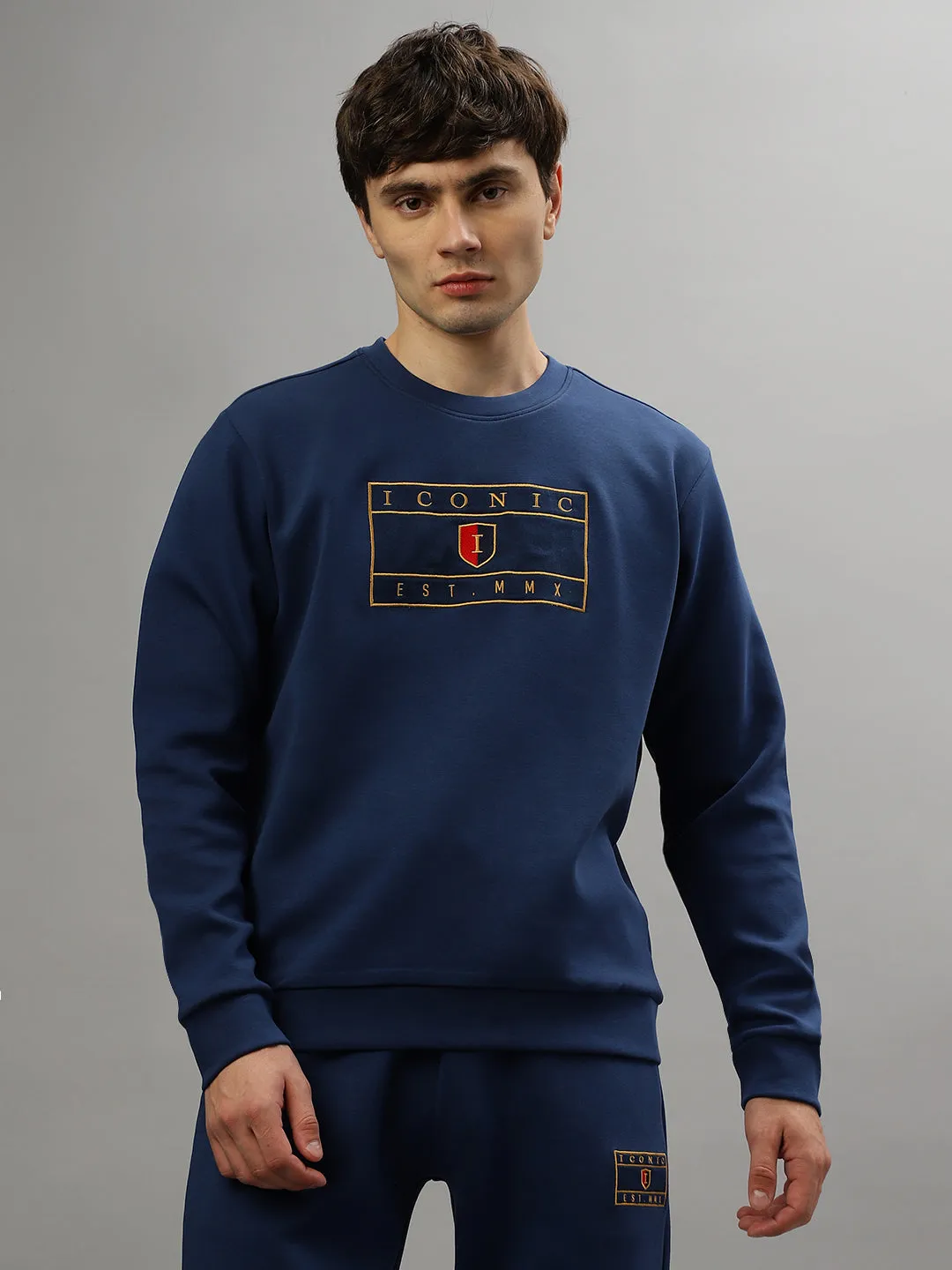 Iconic Men Embroidered Full Sleeves Round Neck Sweatshirt