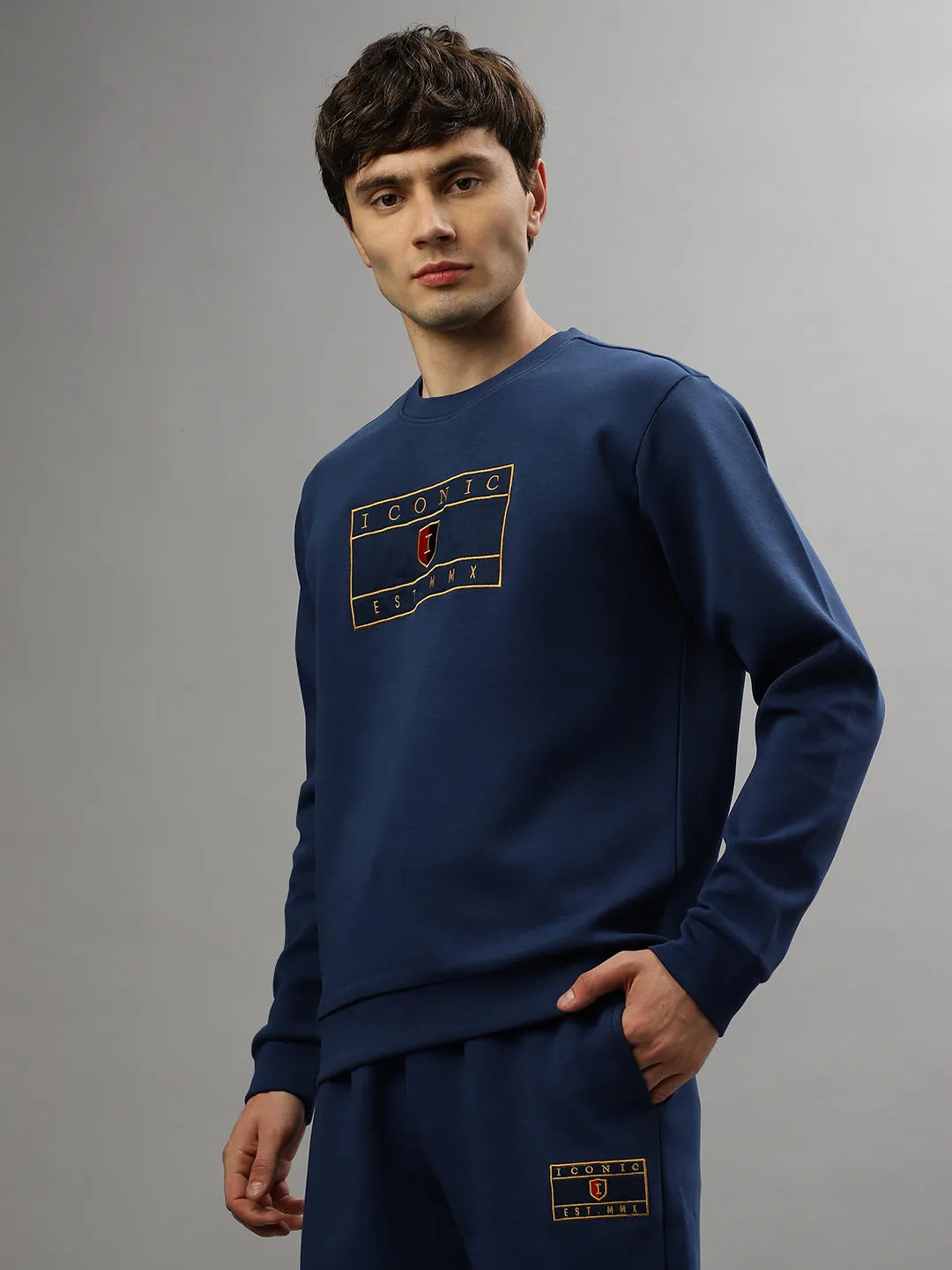 Iconic Men Embroidered Full Sleeves Round Neck Sweatshirt