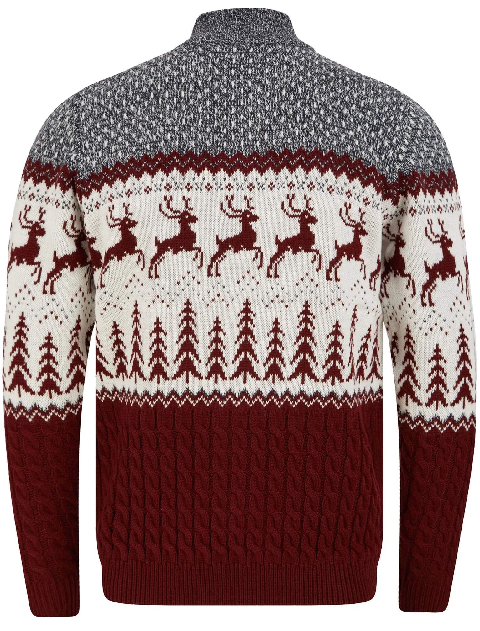 Jumping Deer Nordic Jacquard Cable Knit Jumper with Half Zip in Claret- Merry Christmas