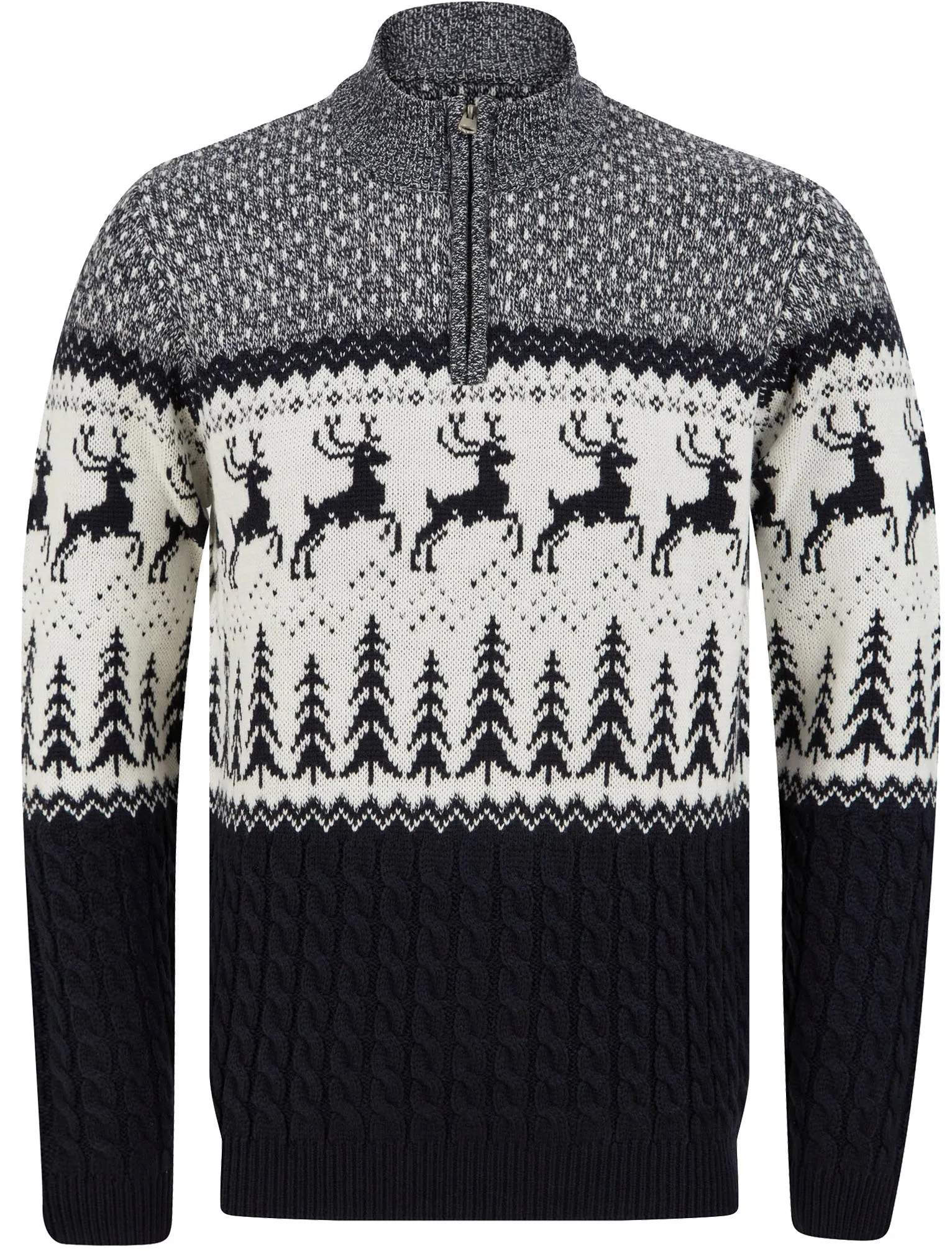 Jumping Deer Nordic Jacquard Cable Knit Jumper with Half Zip in Ink- Merry Christmas