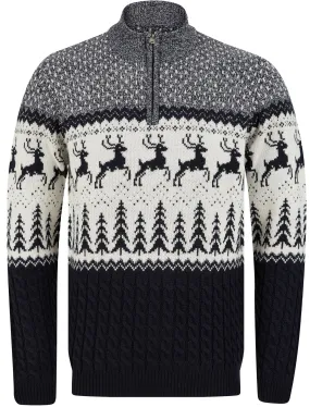 Jumping Deer Nordic Jacquard Cable Knit Jumper with Half Zip in Ink- Merry Christmas