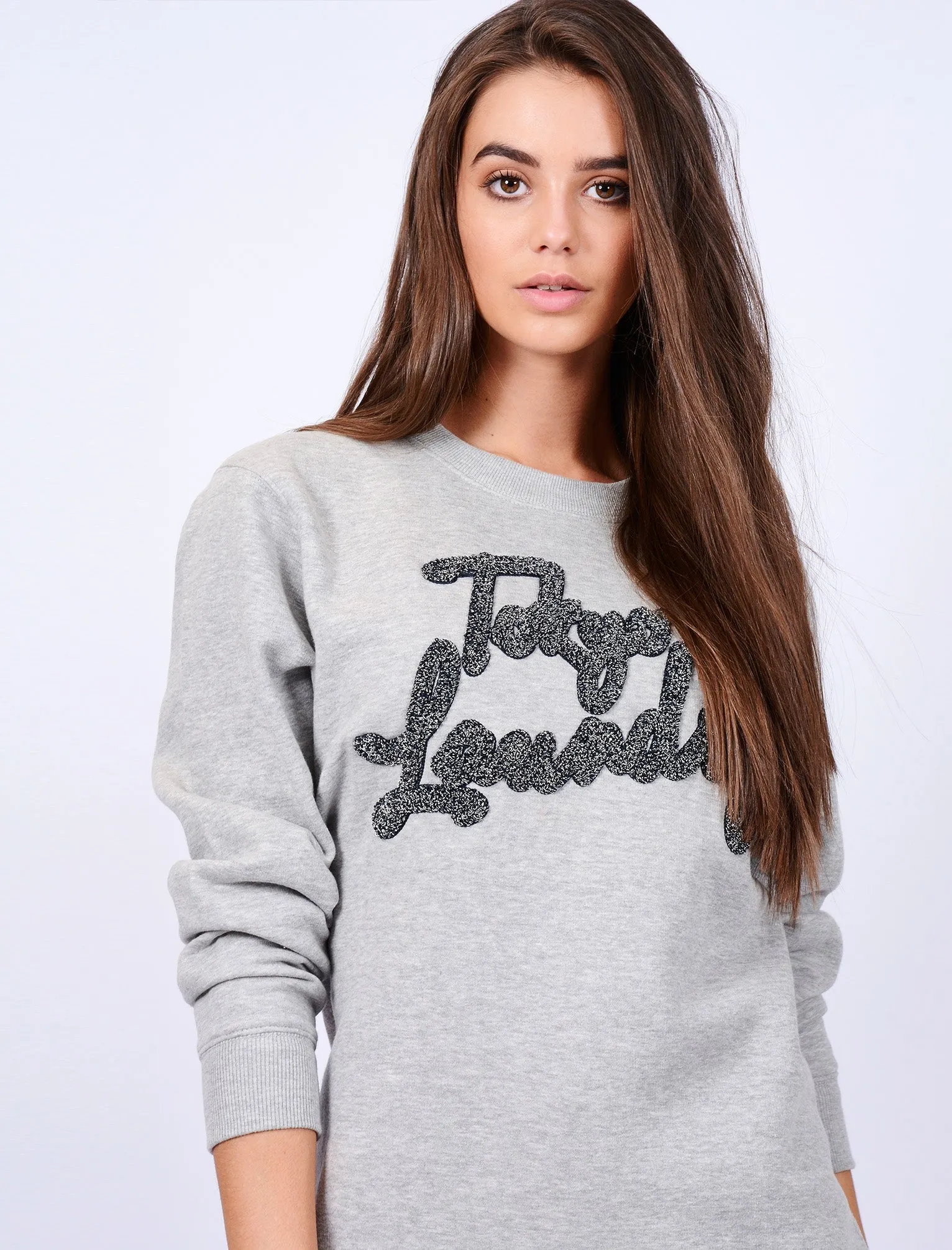 Kapo Boyfriend Sweatshirt with Boucle Motif in Light Grey Marl - Tokyo Laundry