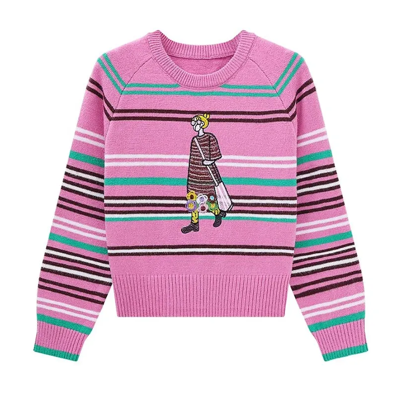 Kawaii Cartoon Girl Embroidery Knitted Pullover Sweater Women All Match Striped Sweater Jackets C-185