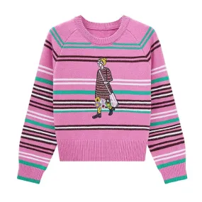 Kawaii Cartoon Girl Embroidery Knitted Pullover Sweater Women All Match Striped Sweater Jackets C-185