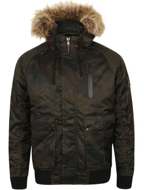 Marius Camo Print Bomber Jacket with Fur Lined Hood in Khaki - Dissident