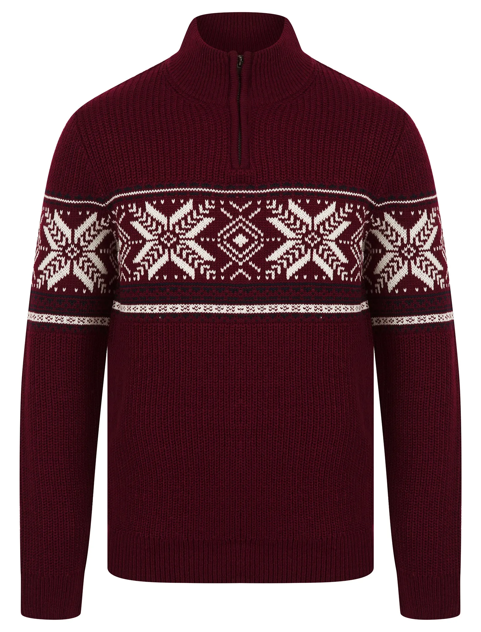 Men's Gacy Nordic Fair Isle Jacquard Knit Christmas Jumper with Quarter Zip Funnel Neck in Claret - Merry Christmas