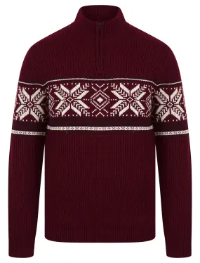 Men's Gacy Nordic Fair Isle Jacquard Knit Christmas Jumper with Quarter Zip Funnel Neck in Claret - Merry Christmas