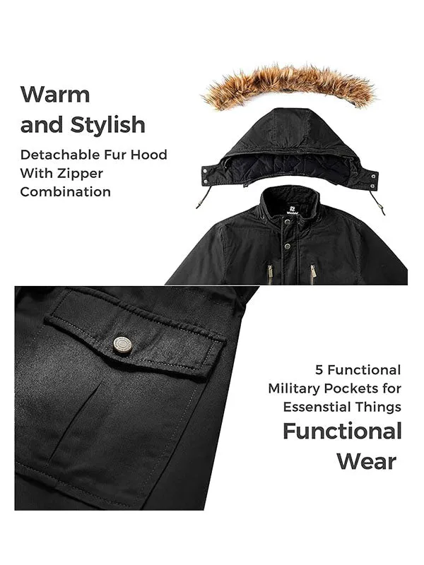 Men's Winter Coat Windproof Military Cotton Jacket Warm Thicken Parka Jacket with Removable Fur Hood