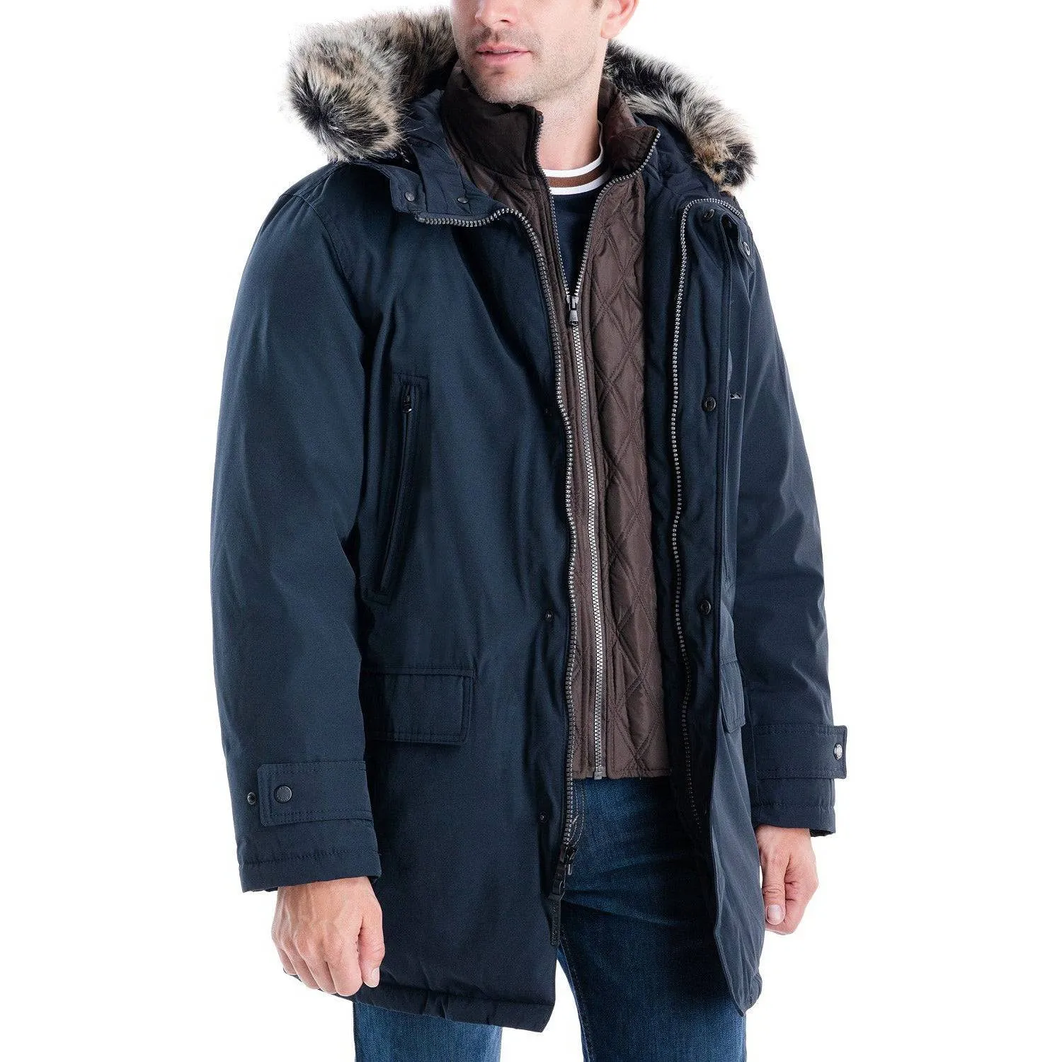 Michael Kors Men's Heavyweight Hooded Snorkel Parka with Stand Collar with Attached Faux-fur Trim Hood