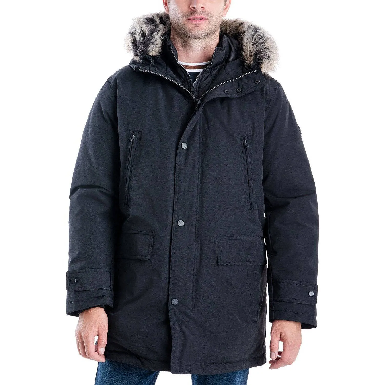 Michael Kors Men's Heavyweight Hooded Snorkel Parka with Stand Collar with Attached Faux-fur Trim Hood