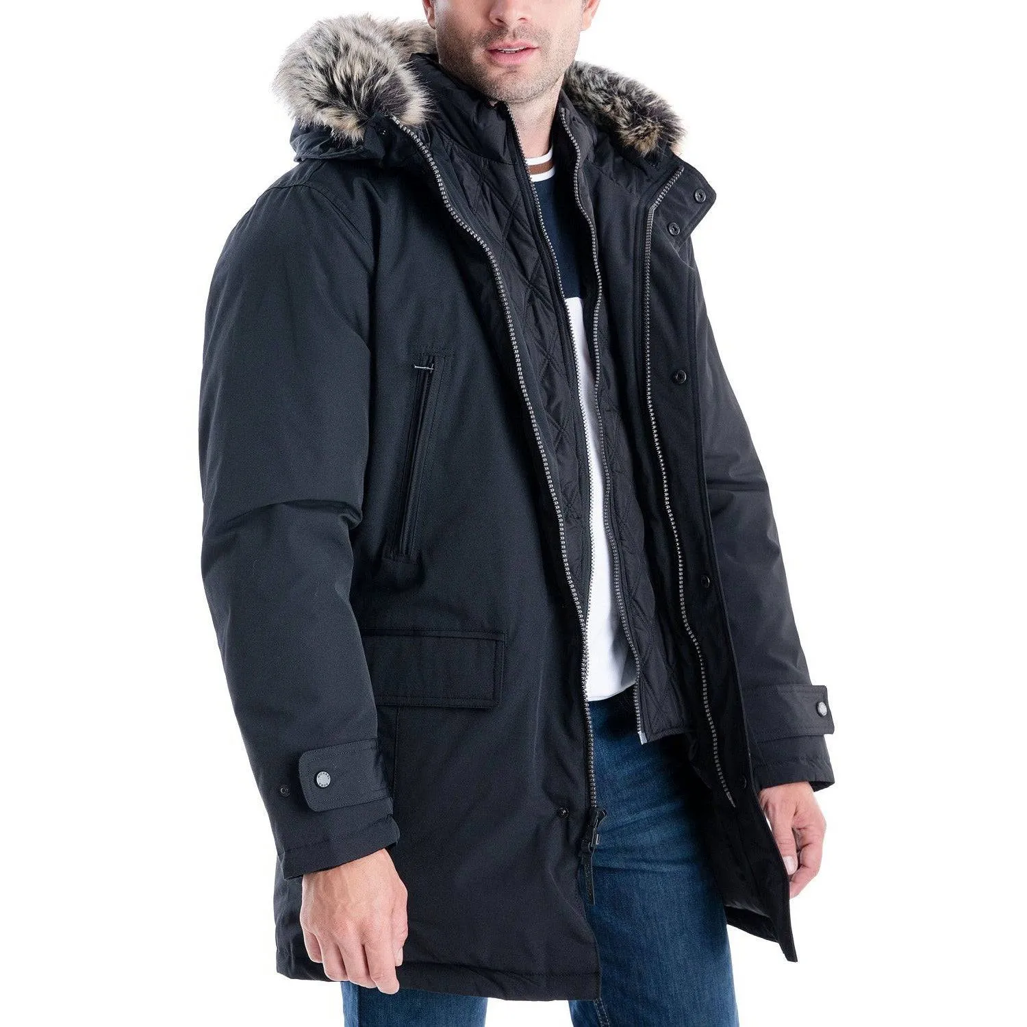 Michael Kors Men's Heavyweight Hooded Snorkel Parka with Stand Collar with Attached Faux-fur Trim Hood