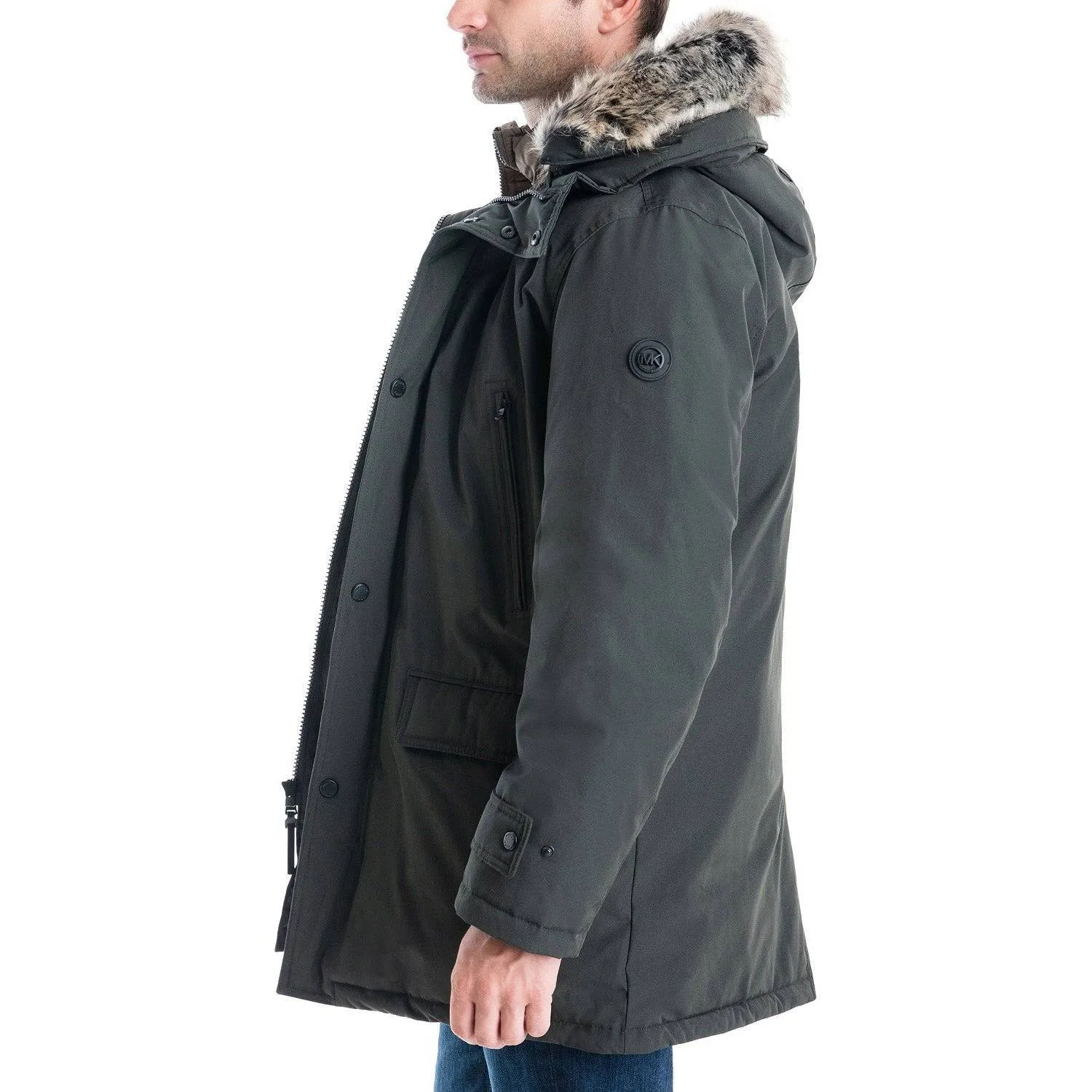 Michael Kors Men's Heavyweight Hooded Snorkel Parka with Stand Collar with Attached Faux-fur Trim Hood