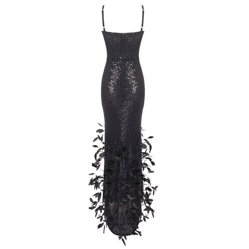 Miriam Sleeveless Crystal Feather Sequin Maxi Dress