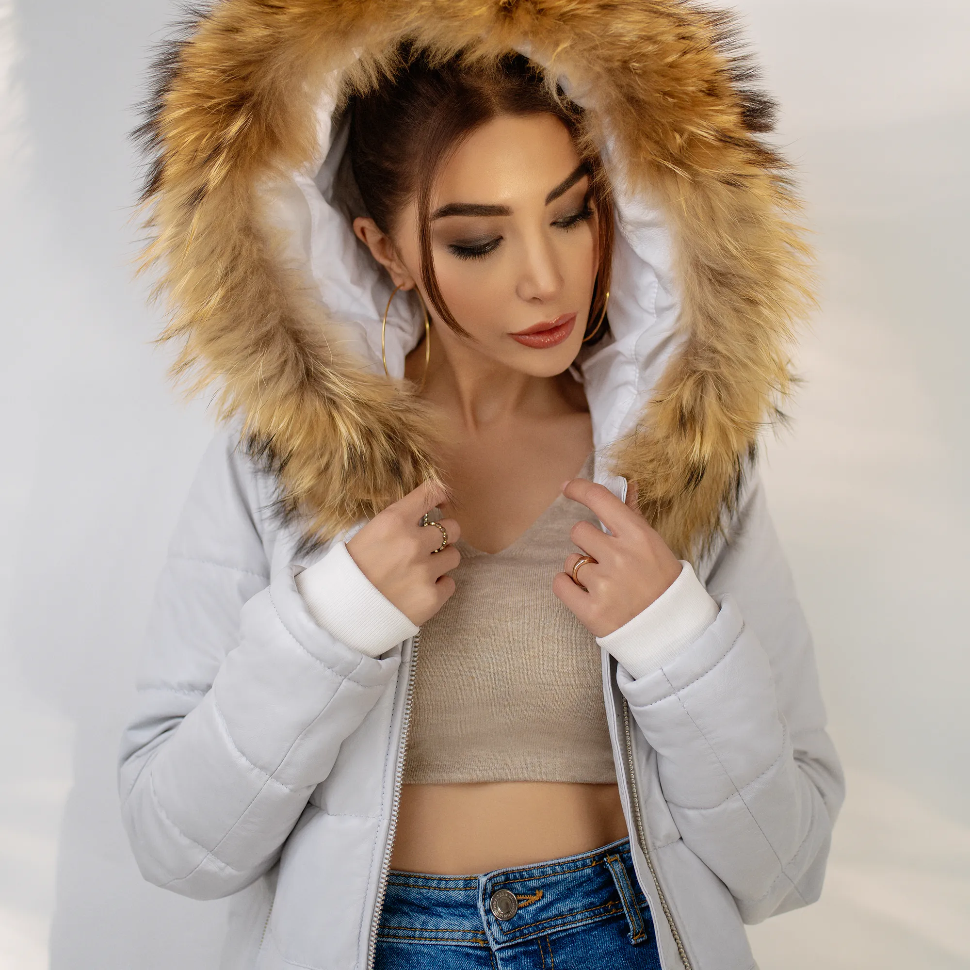 Pearl White Leather Parka with Original Raccoon Fur Hood