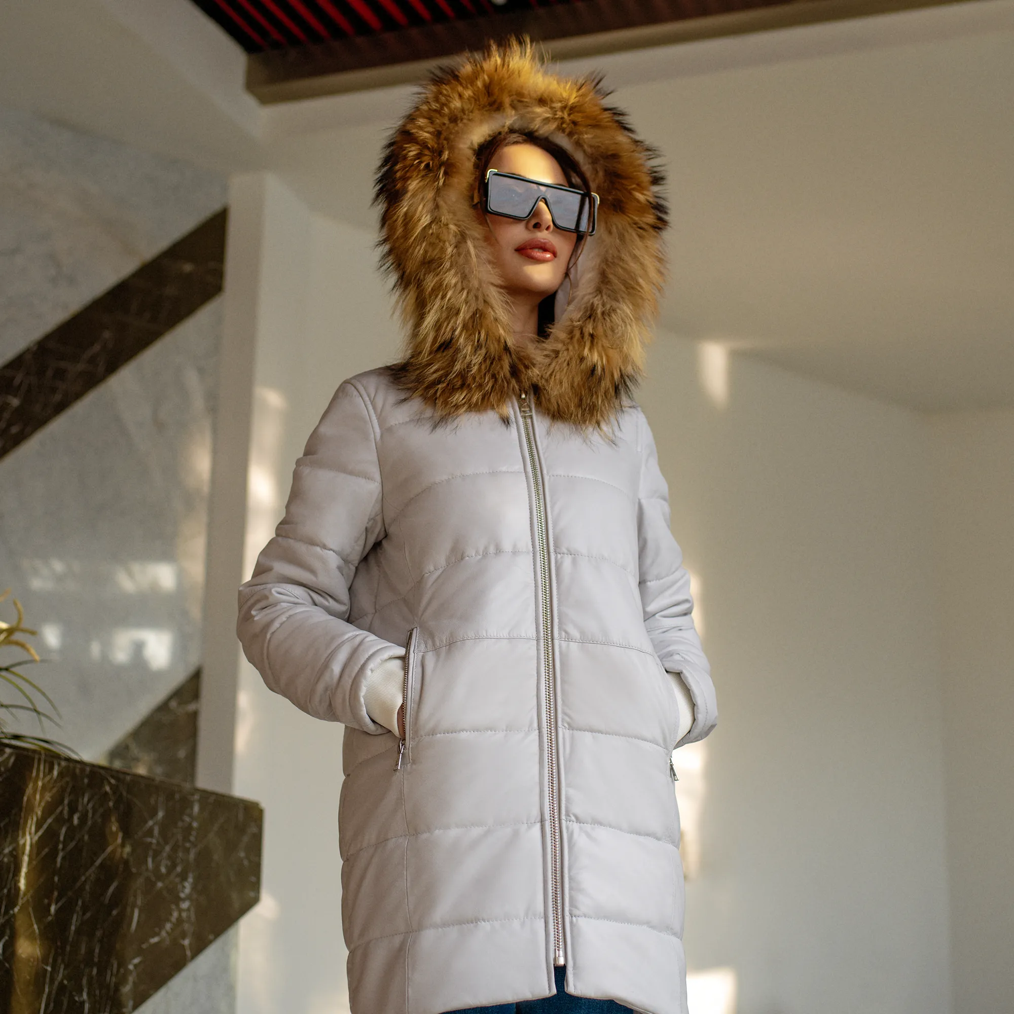 Pearl White Leather Parka with Original Raccoon Fur Hood