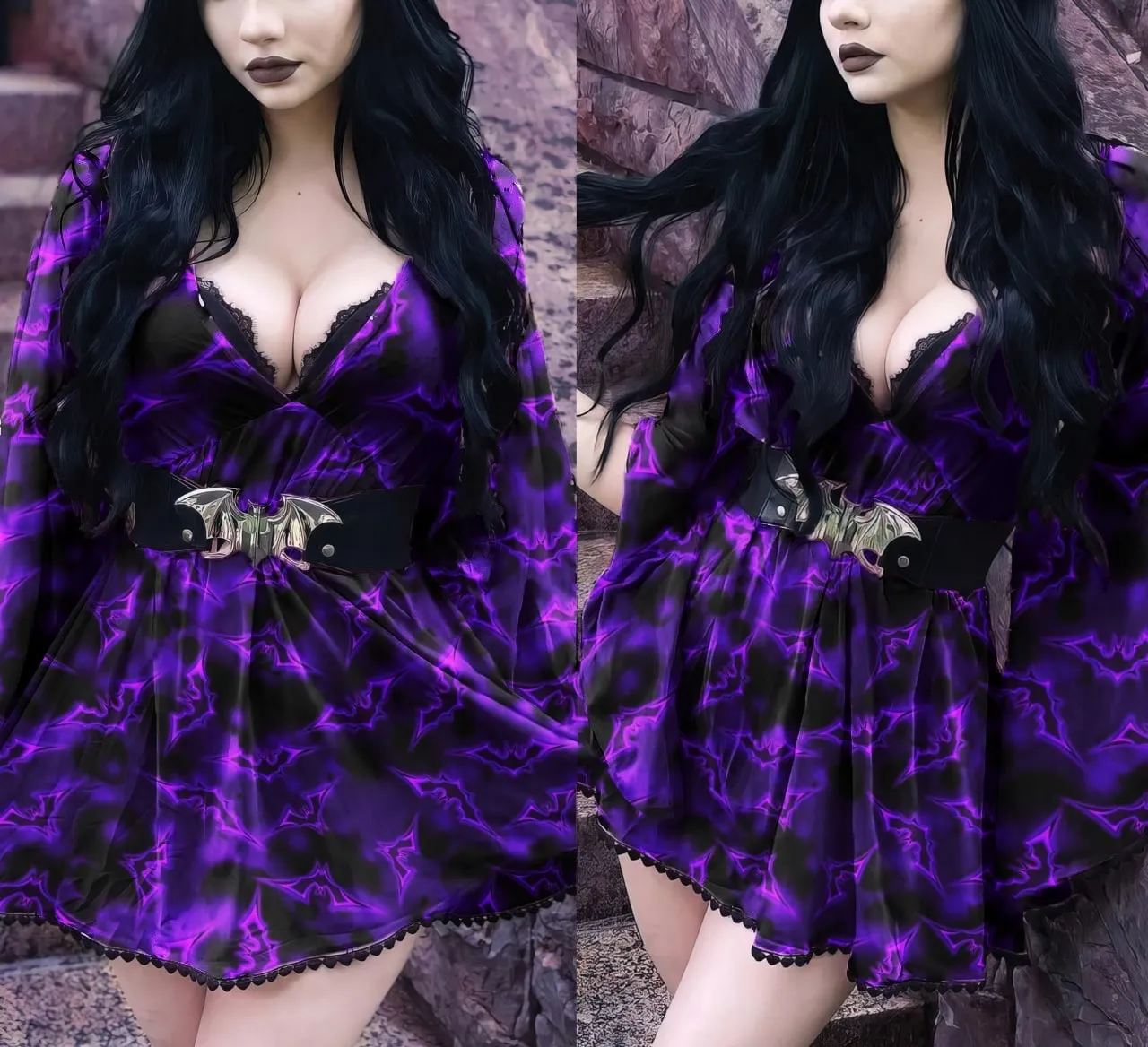 Purple Bat Gothic Deep V Neck Dress, Best Party Outfits For Women