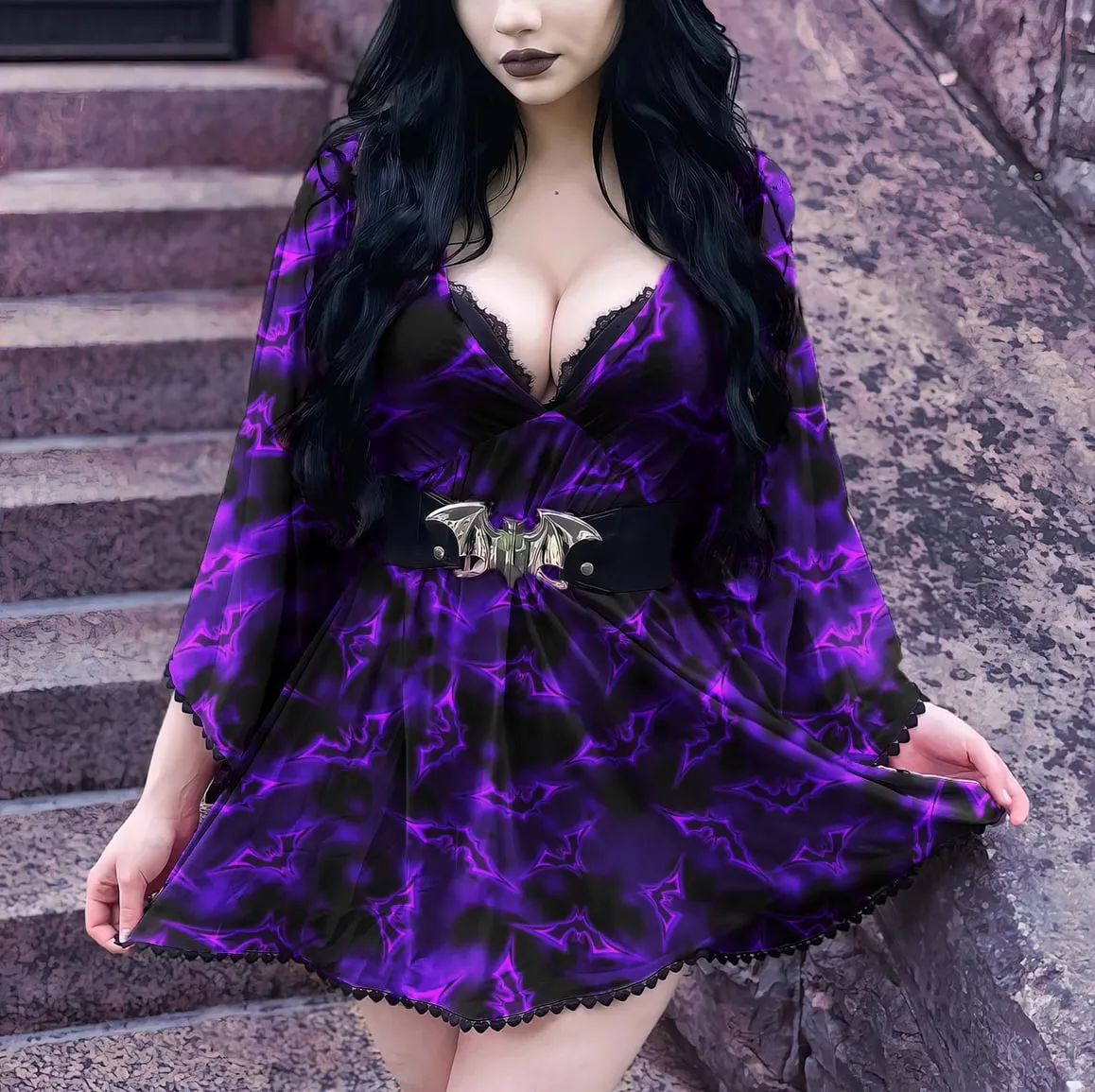 Purple Bat Gothic Deep V Neck Dress, Best Party Outfits For Women