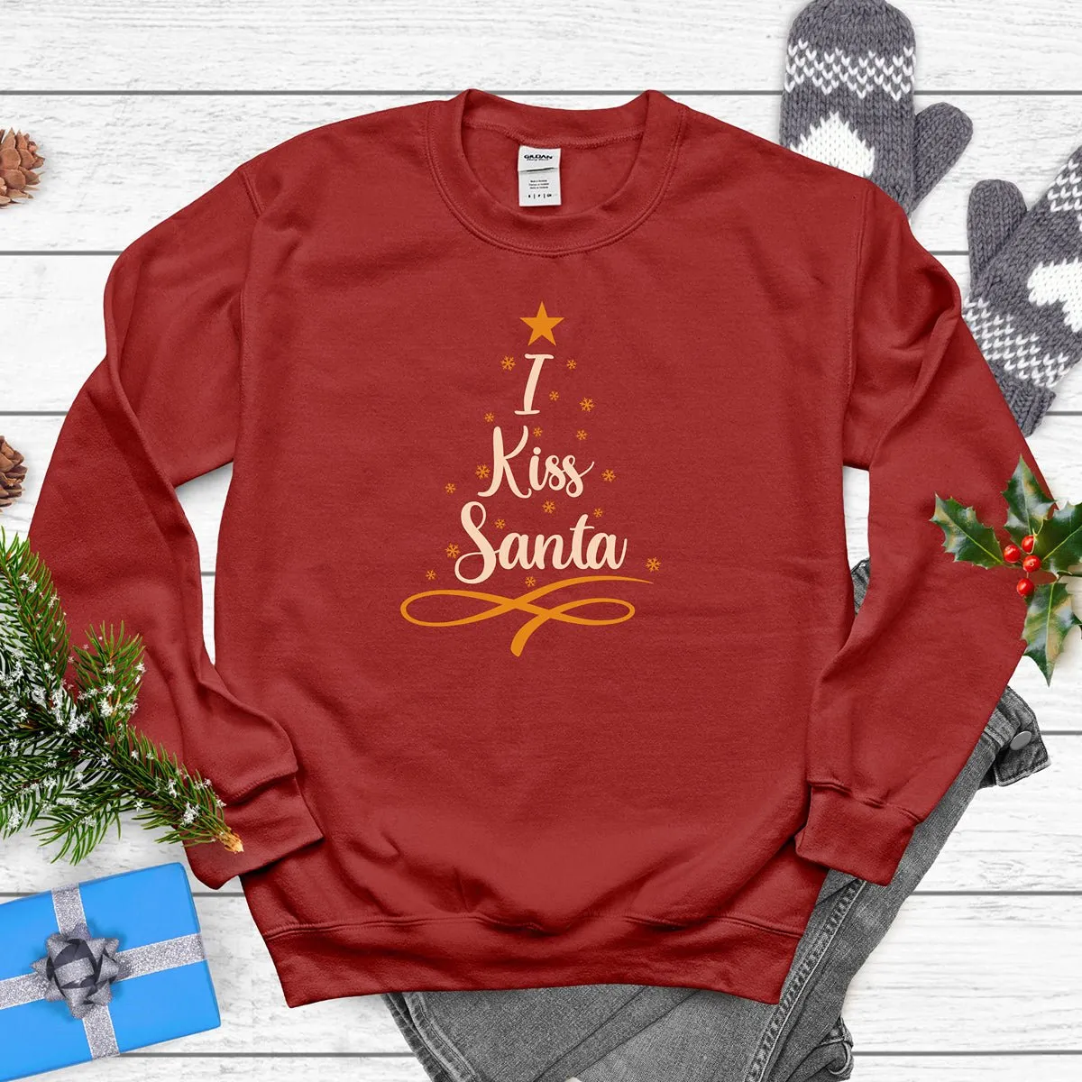 "I Kiss Santa" Christmas Sweatshirt with Tree Graphic