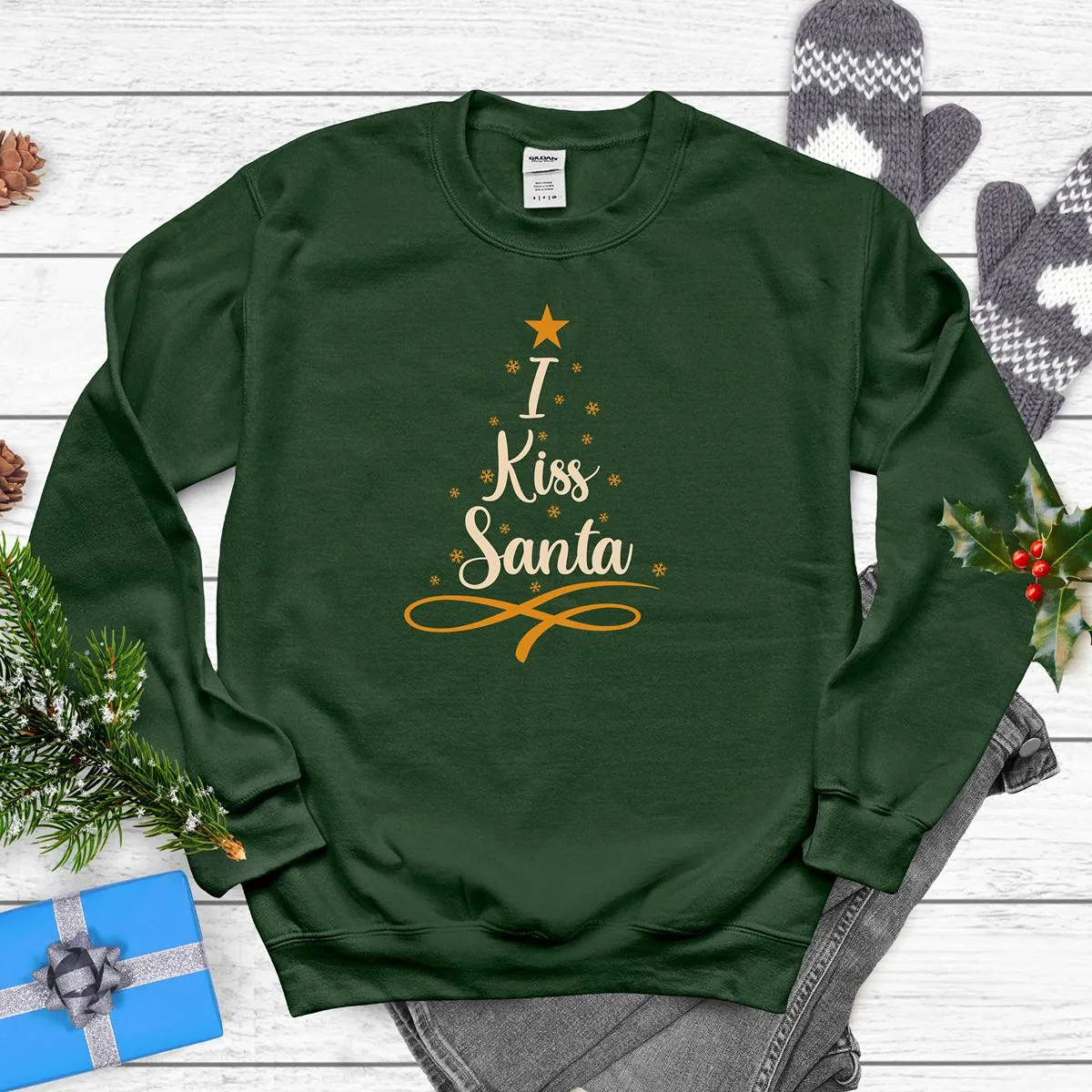 "I Kiss Santa" Christmas Sweatshirt with Tree Graphic