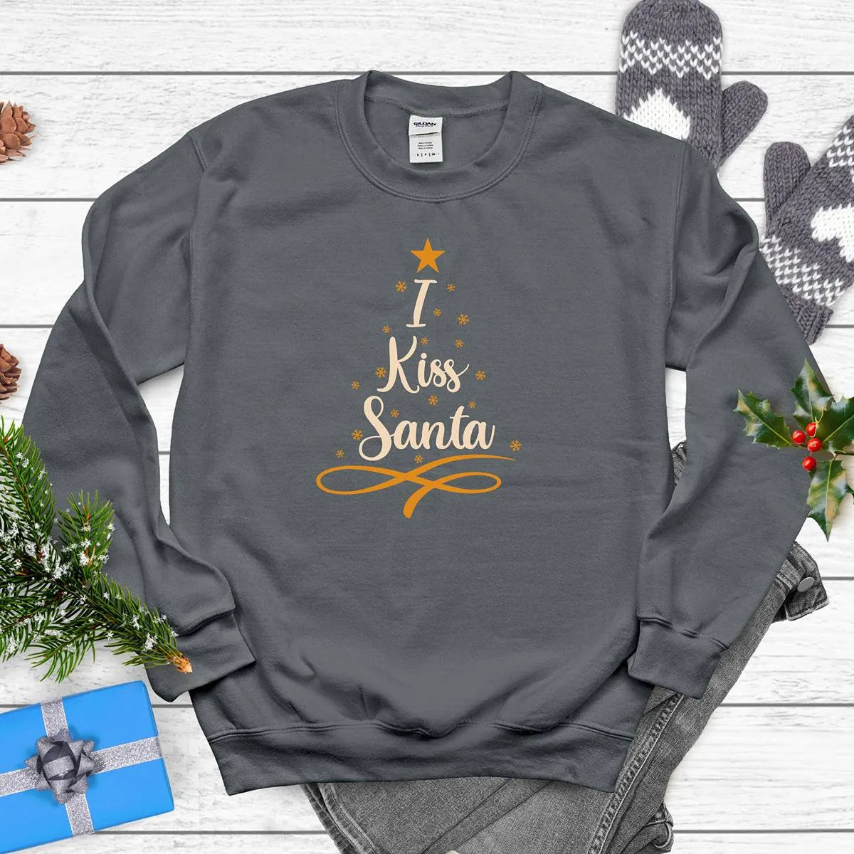 "I Kiss Santa" Christmas Sweatshirt with Tree Graphic