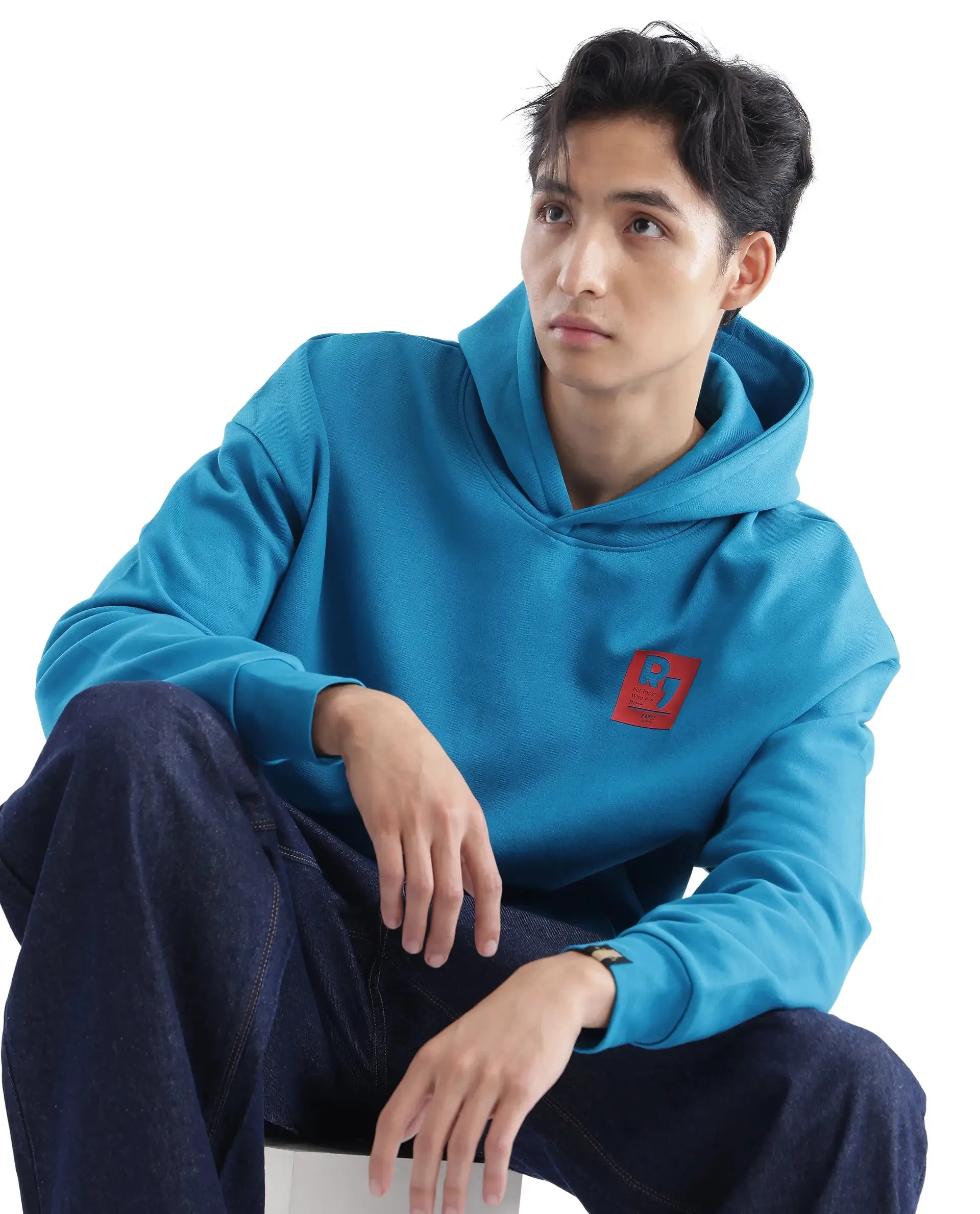 Rare Rabbit Men Dary Flouroscent Blue Cotton Polyester Fabric Full Sleeve Crew Neck Boxy Fit Printed Sweatshirt