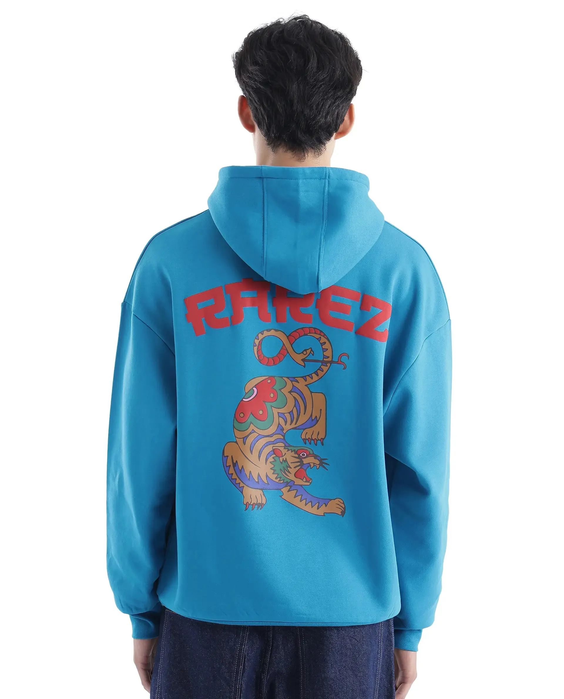 Rare Rabbit Men Dary Flouroscent Blue Cotton Polyester Fabric Full Sleeve Crew Neck Boxy Fit Printed Sweatshirt