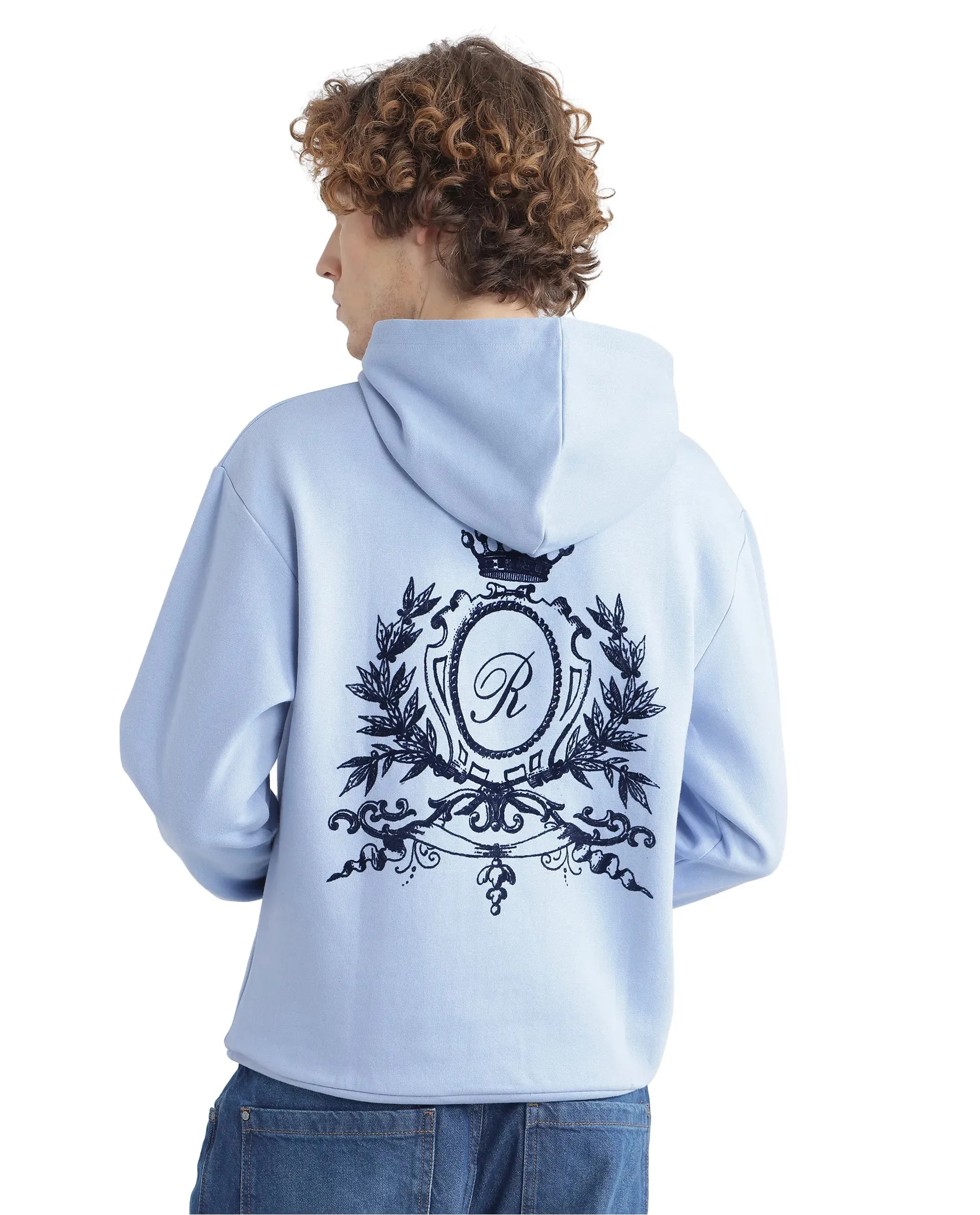 Rare Rabbit Men Kant Light Blue Full Sleeve Hooded Boxy Fit Printed Sweatshirt