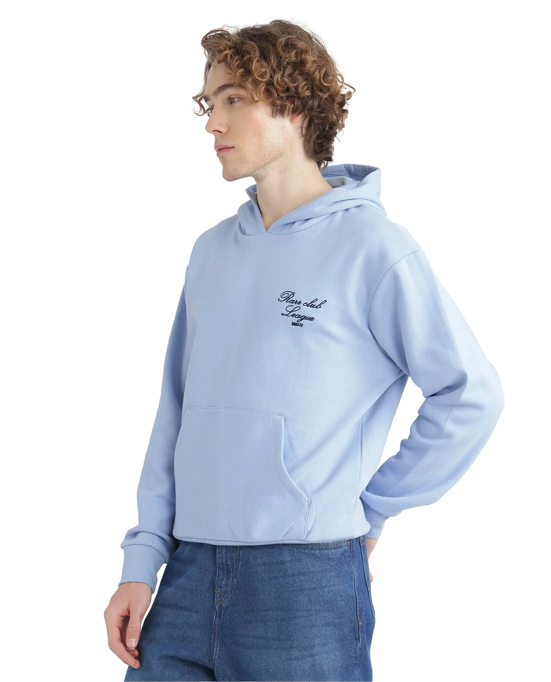 Rare Rabbit Men Kant Light Blue Full Sleeve Hooded Boxy Fit Printed Sweatshirt