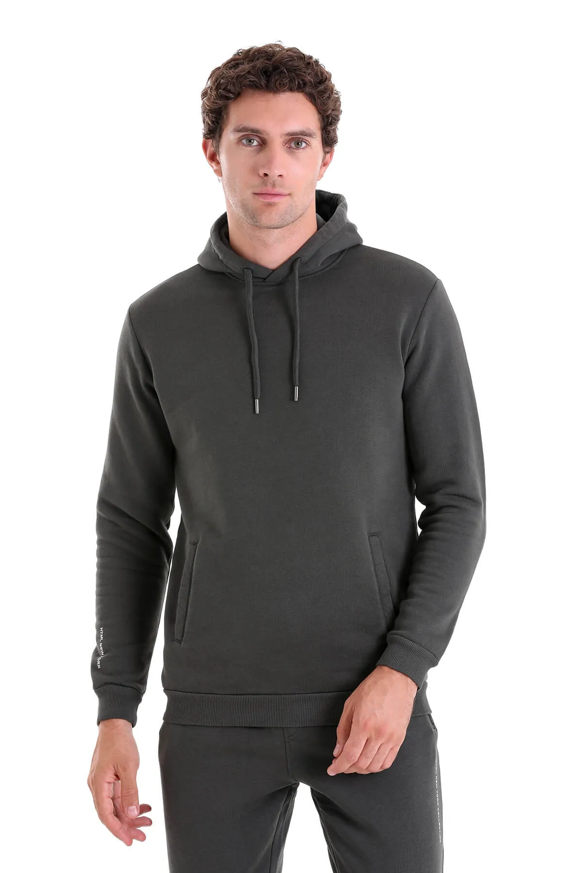 Regular Fit Cotton Blend Khaki Hooded Sweatshirt