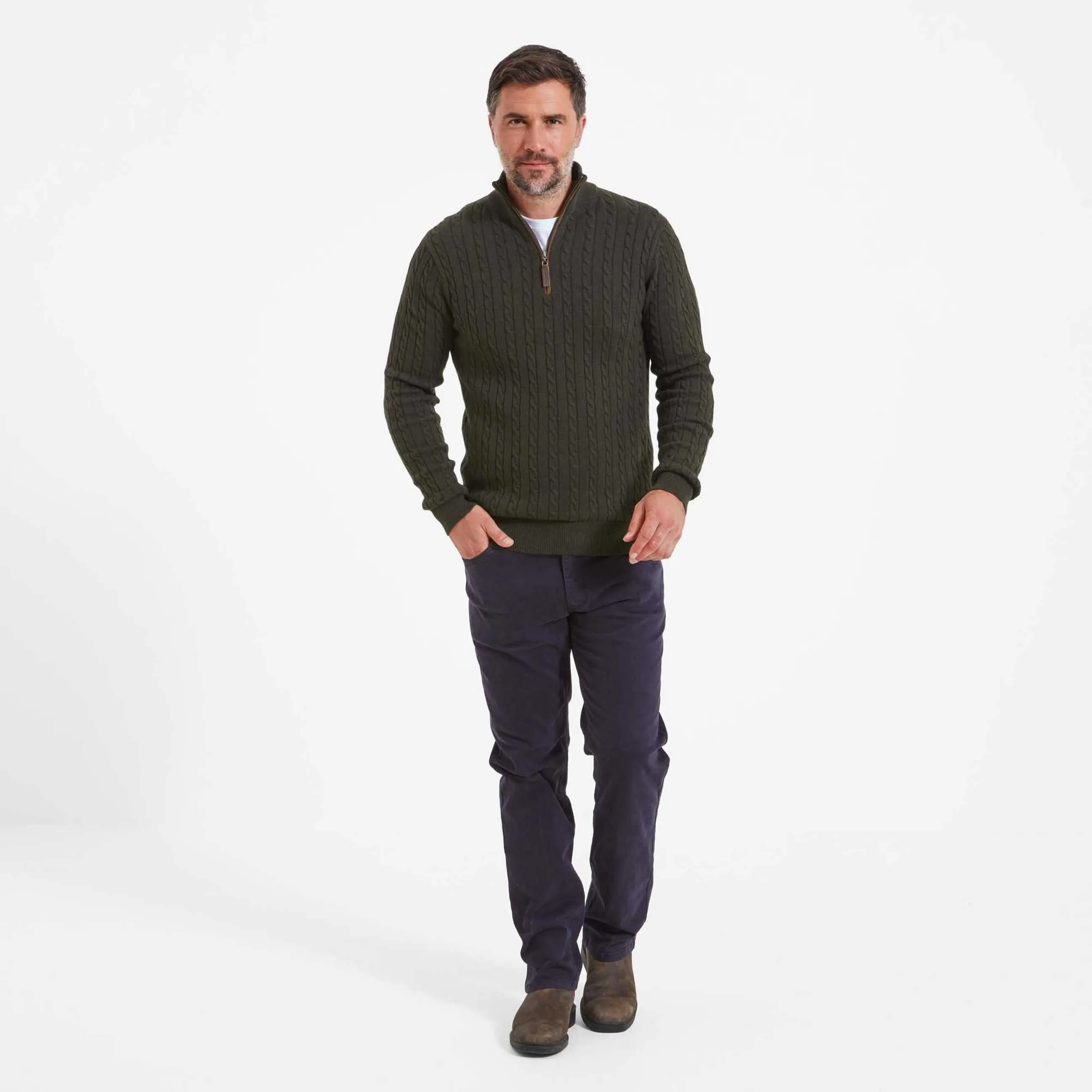 Schoffel Mens Cotton/Cashmere Cable Knit 1/4 Zip Jumper