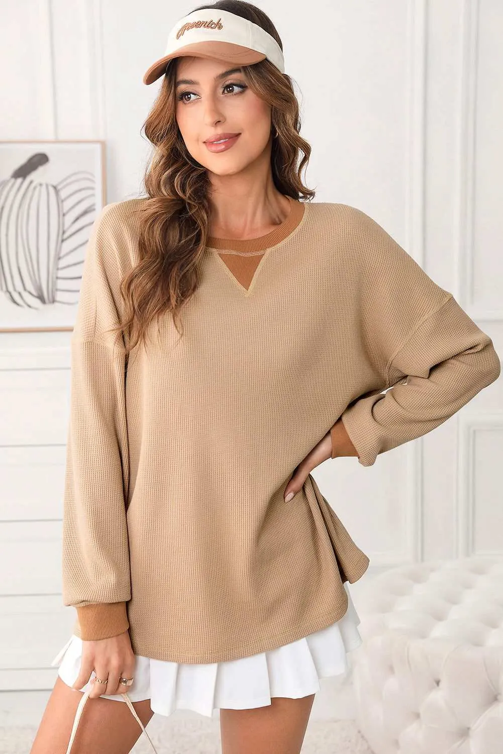 Smoke Gray V Neck Pullover Loose Sweatshirt