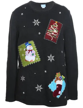 Snowman Black Embroiderd Christmas Jumper - M