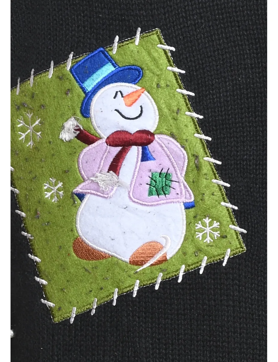 Snowman Black Embroiderd Christmas Jumper - M