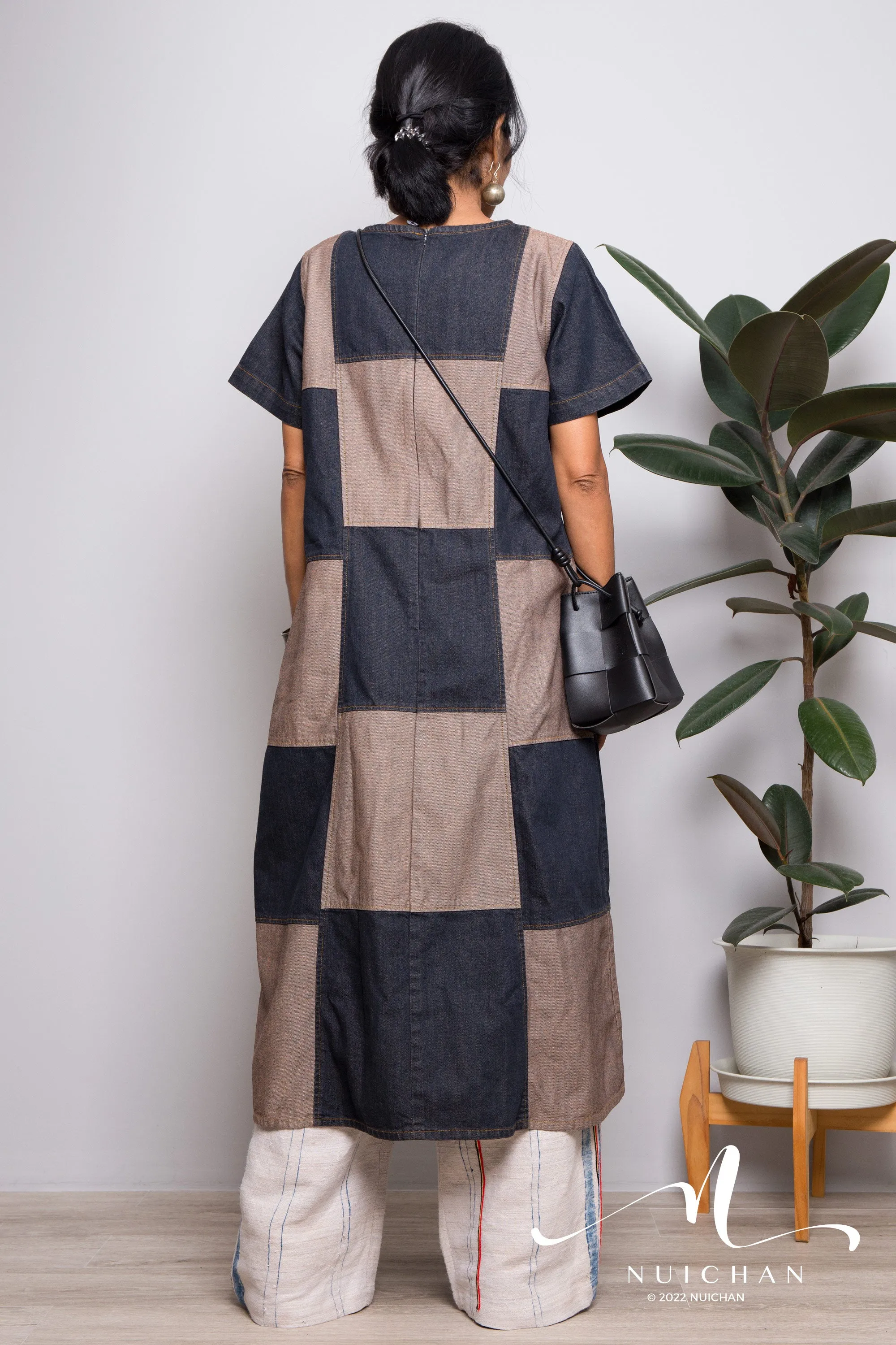 Stonewashed patchwork denim dress