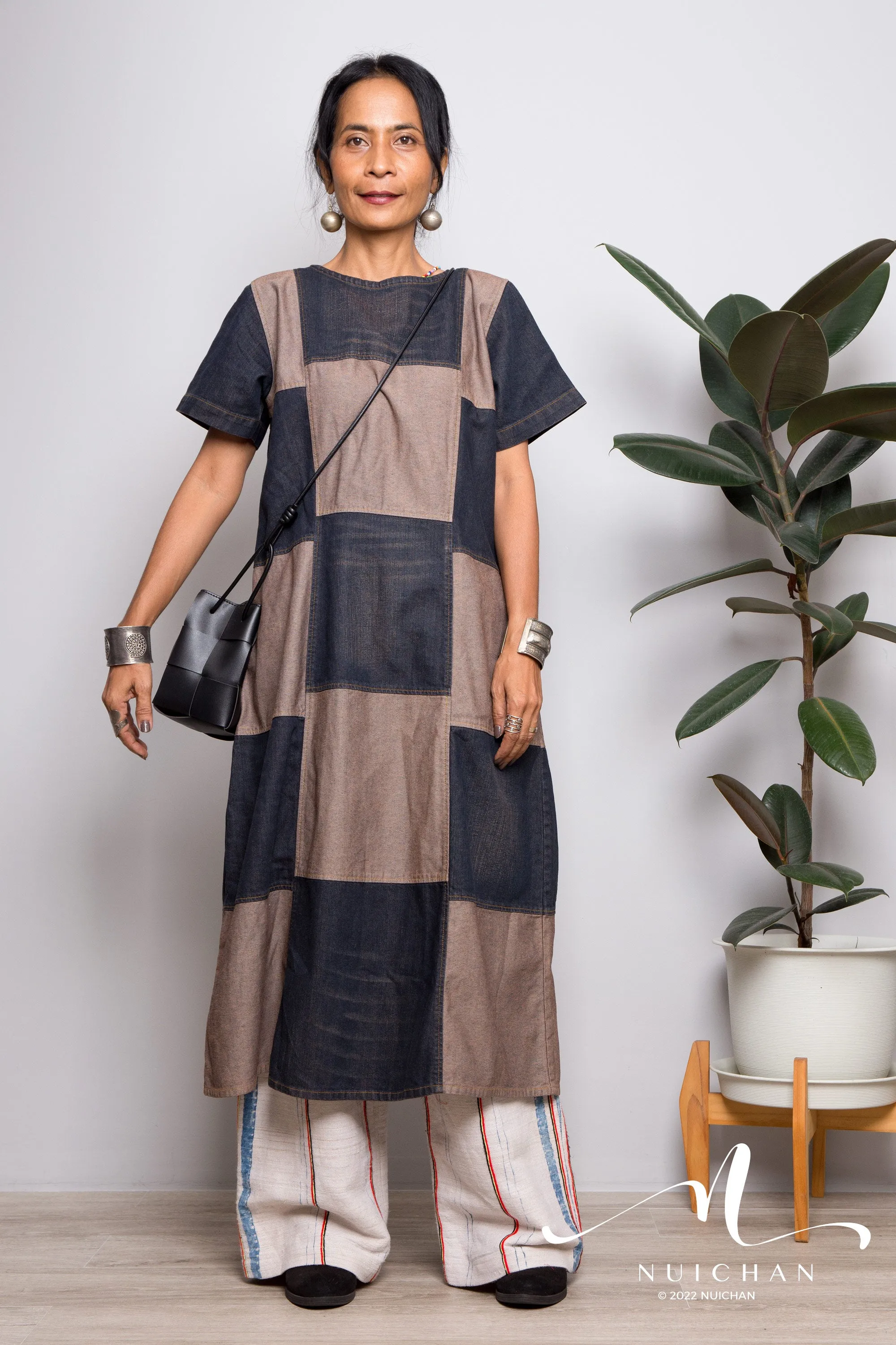 Stonewashed patchwork denim dress