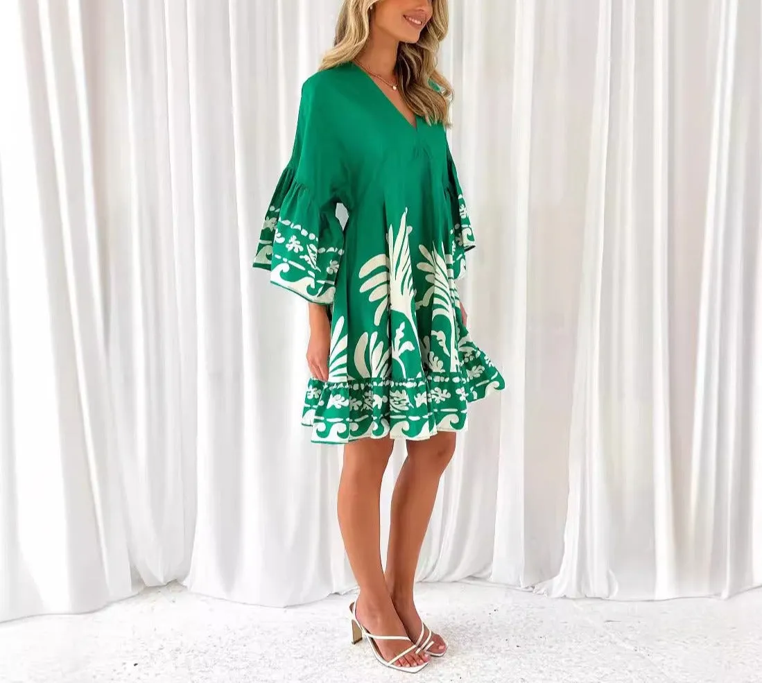 Summer V-Neck Printed Flared Sleeve Dress