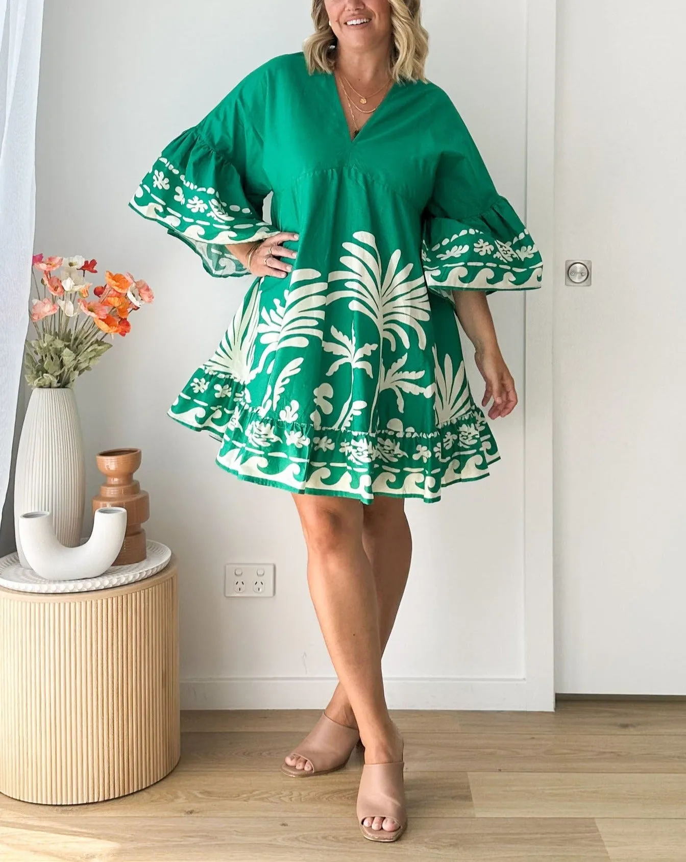 Summer V-Neck Printed Flared Sleeve Dress