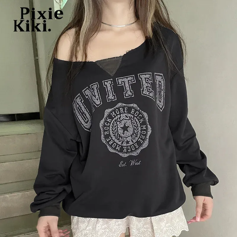 Trashy Y2k Graphic Sweatshirts Off Shoulder Long Sleeve Tees Baggy Hoodies Pullovers Women Clothing 2024 P84-CC24