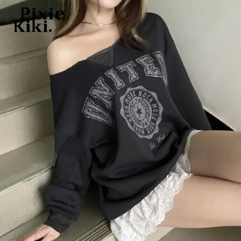 Trashy Y2k Graphic Sweatshirts Off Shoulder Long Sleeve Tees Baggy Hoodies Pullovers Women Clothing 2024 P84-CC24