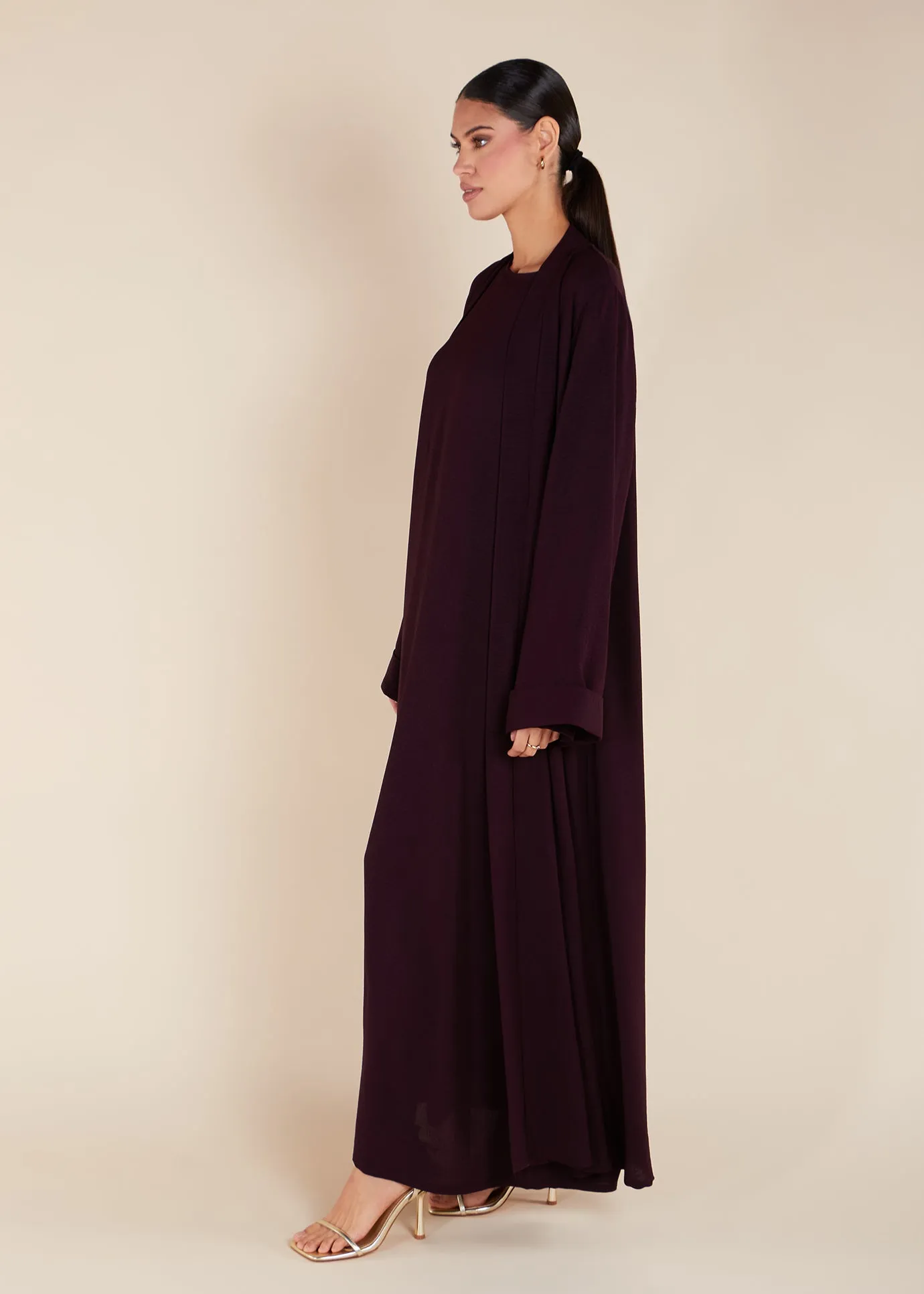 Two Piece Open Abaya with Slip Aubergine