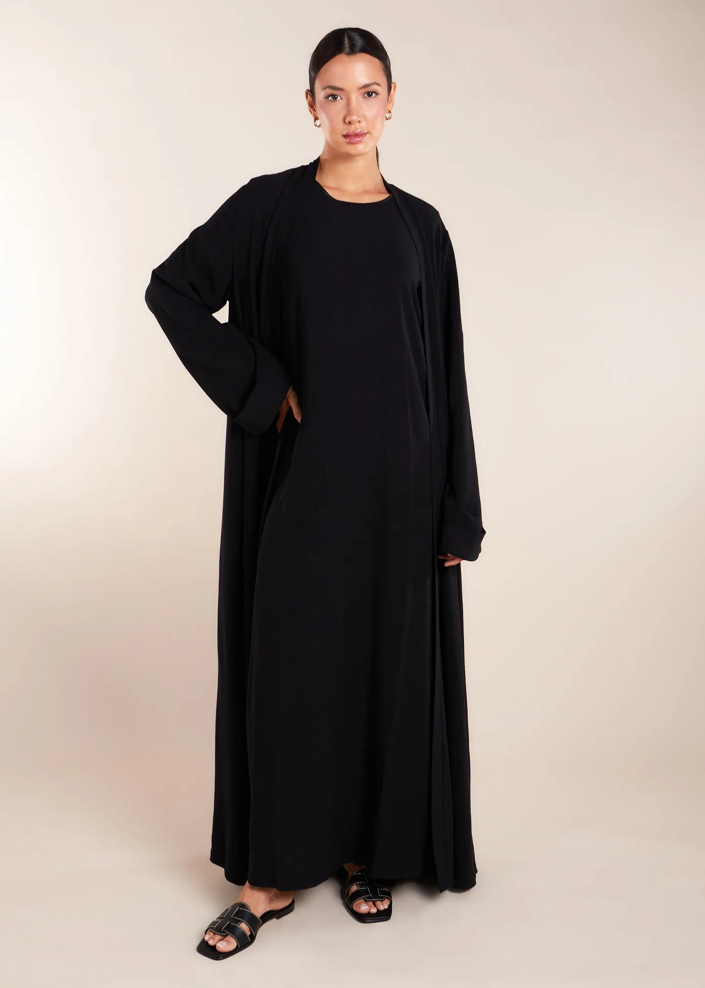 Two Piece Open Abaya with Slip Black