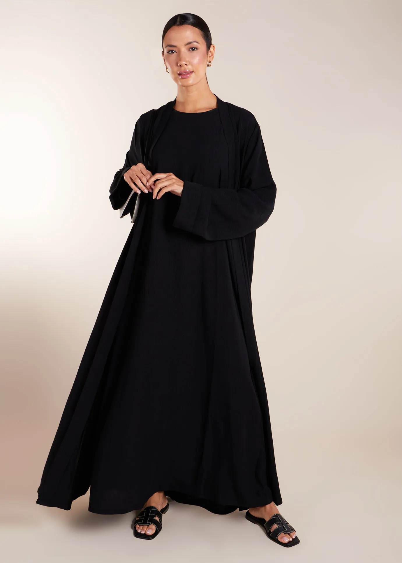 Two Piece Open Abaya with Slip Black