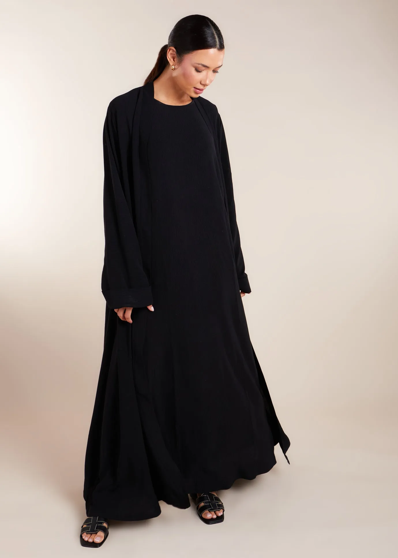 Two Piece Open Abaya with Slip Black